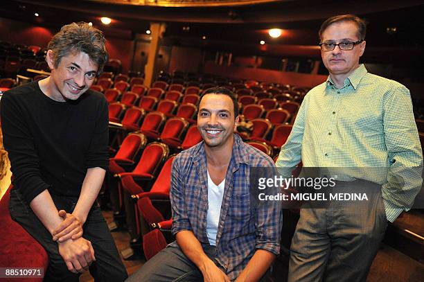 French composer Gerard Pesson , poses next to French artist Pierrick Sorin and choregrapher Kamel Ouali on June 15, 2009 at the Chatelet theatre in...