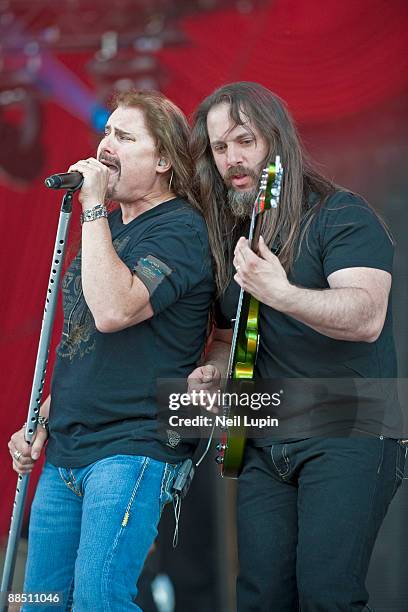 James LaBrie and John Petrucci of Dream Theater perform on stage on day 3 of the Download Festival at Donington Park on June 14, 2009 in Donington,...