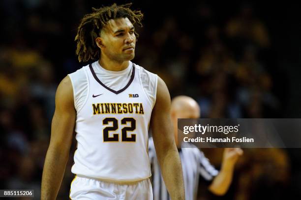 Reggie Lynch of the Minnesota Golden Gophers looks on during the game against the USC Upstate Spartans on November 10, 2017 at Williams Arena in...