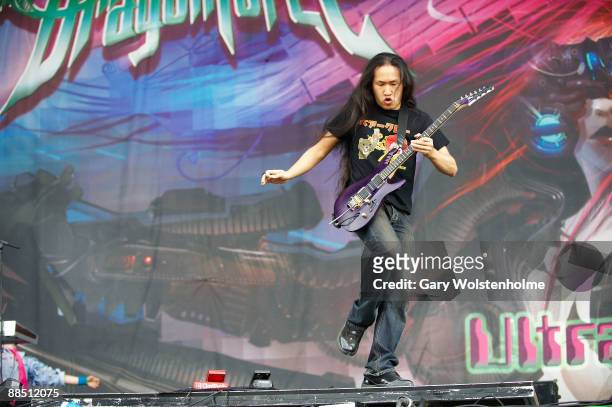Herman Li of Dragonforce performs on stage on day 2 of Download Festival at Donington Park on June 13, 2009 in Donington, England.