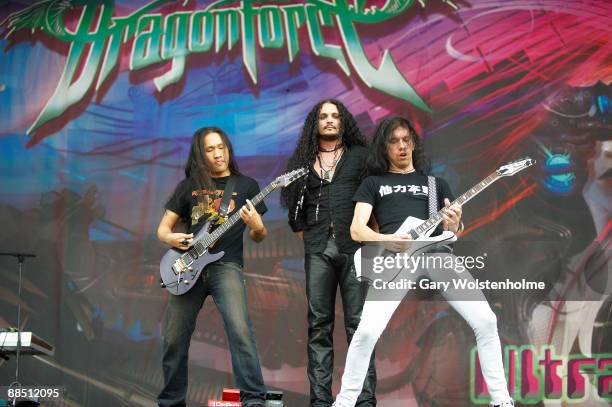 Herman Li, ZP Theart and Sam Totman of Dragonforce performs on stage on day 2 of Download Festival at Donington Park on June 13, 2009 in Donington,...