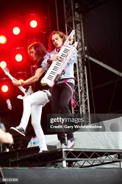 Sam Totman and Vadim Pruzhanov of Dragonforce performs on stage on day 2 of Download Festival at Donington Park on June 13, 2009 in Donington,...
