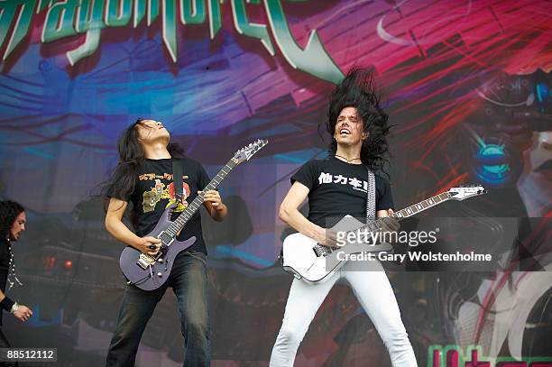 Herman Li and Sam Totman of Dragonforce performs on stage on day 2 of Download Festival at Donington Park on June 13, 2009 in Donington, England.