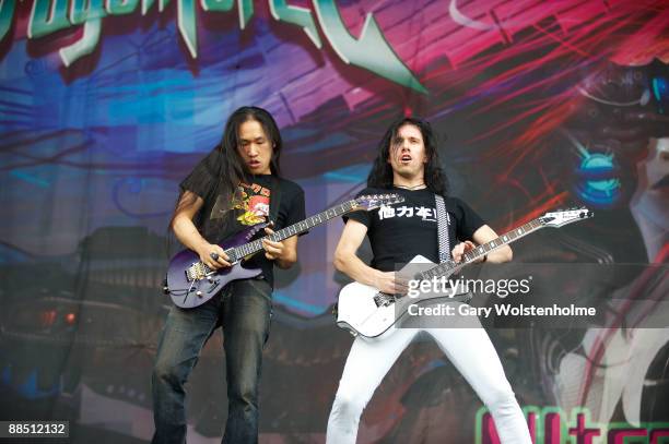 Herman Li and Sam Totman of Dragonforce performs on stage on day 2 of Download Festival at Donington Park on June 13, 2009 in Donington, England.