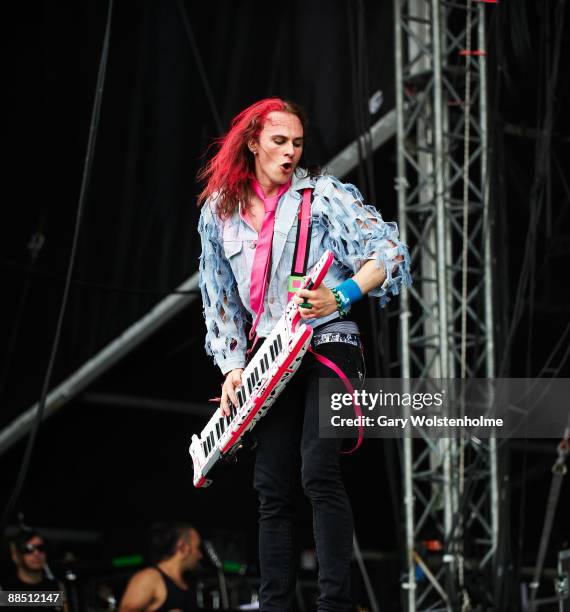 Vadim Pruzhanov of Dragonforce performs on stage on day 2 of Download Festival at Donington Park on June 13, 2009 in Donington, England.