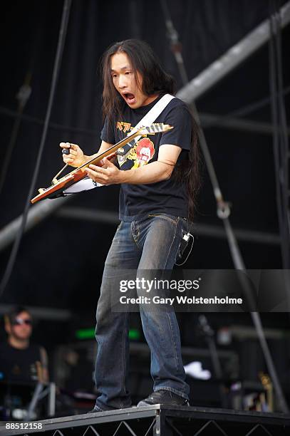 Herman Li of Dragonforce performs on stage on day 2 of Download Festival at Donington Park on June 13, 2009 in Donington, England.