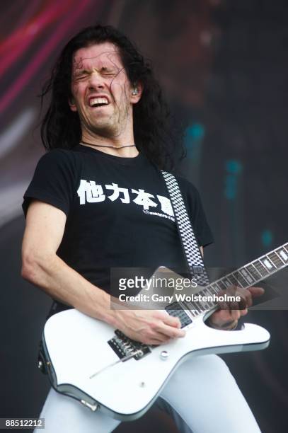 Sam Totman of Dragonforce performs on stage on day 2 of Download Festival at Donington Park on June 13, 2009 in Donington, England.