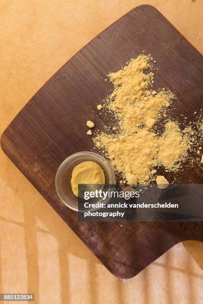 mustard powder and prepared mustard. - salt molecule foto e immagini stock