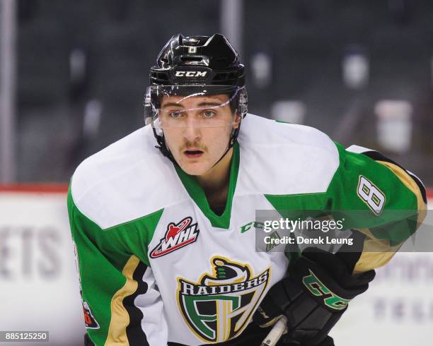 Brayden Pachal of the Calgary Hitmen in action against the Prince Albert Raiders during a WHL game at the Scotiabank Saddledome on December 1, 2017...