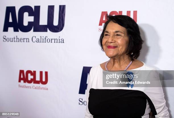 Civil rights activist Dolores Huerta arrives at ACLU SoCal's Annual Bill of Rights Dinner at the Beverly Wilshire Four Seasons Hotel on December 3,...