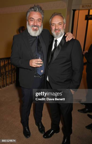 Jez Butterworth and Sam Mendes attend a drinks reception ahead of the London Evening Standard Theatre Awards 2017 at the Theatre Royal, Drury Lane,...