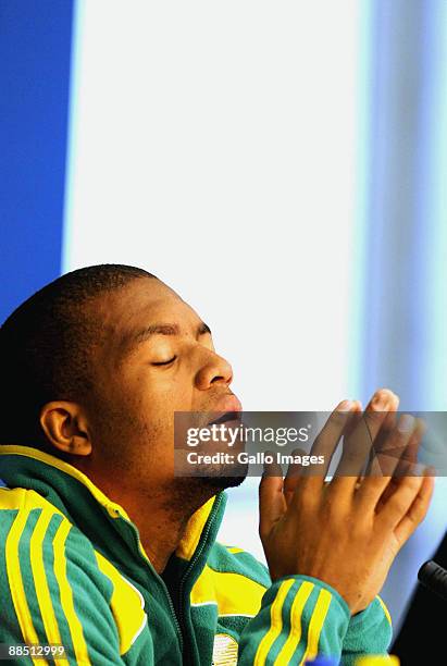 Itumeleng Khune of South Africa national soccer team attends a press conference at the Royal Bafokeng Stadium on June 16, 2009 in Rustenburg, South...