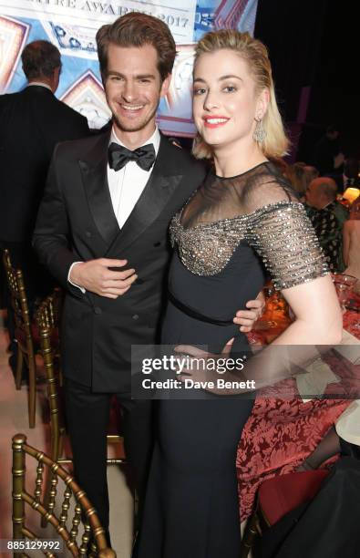 Andrew Garfield and Stefanie Martini attend the London Evening Standard Theatre Awards 2017 at the Theatre Royal, Drury Lane, on December 3, 2017 in...