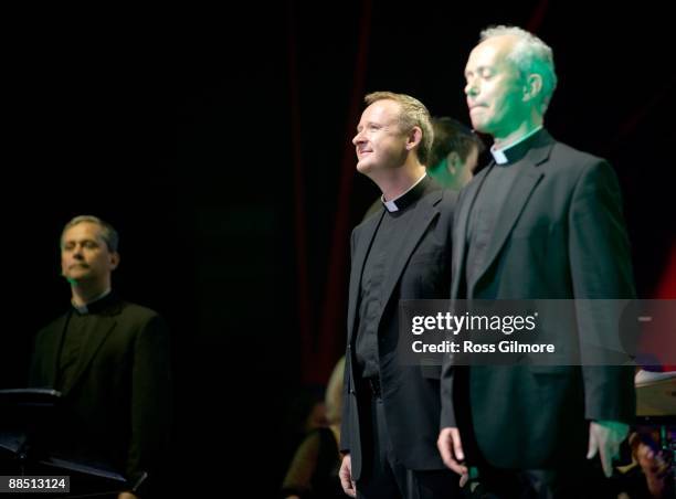 Father Martin O'Hagan, Father Eugene O'Hagan and Father David Delargy of The Priests performs on stage at Clyde Auditorium on June 15, 2009 in...