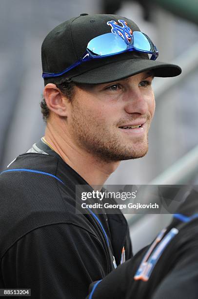 Outfielder Daniel Murphy of the New York Mets looks on from the dugout before a game against the Pittsburgh Pirates at PNC Park on June 2, 2009 in...