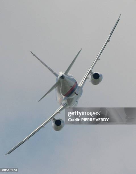 The Russian Sukhoi Superjet 100 performs its flying display on June 16, 2009 during the 48th international Paris Air Show at Le Bourget airport. The...