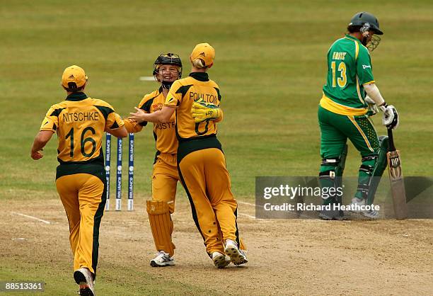 Shandre Fritz of South Africa is trapped LBW by Leah Poulton of Australia during the ICC Women's Twenty20 World Cup between Australia and South...