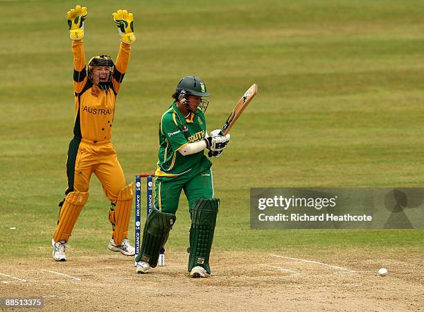 Shandre Fritz of South Africa is trapped LBW by Leah Poulton of Australia during the ICC Women's Twenty20 World Cup between Australia and South...