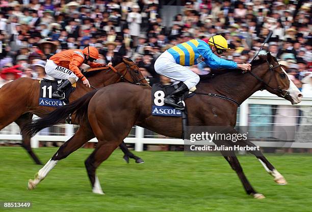 Steven Arnold and the Australian trained Scenic Blast land The King's Stand Stakes Race at Ascot Racecourse on the 1st Day of The Royal Meeting at...