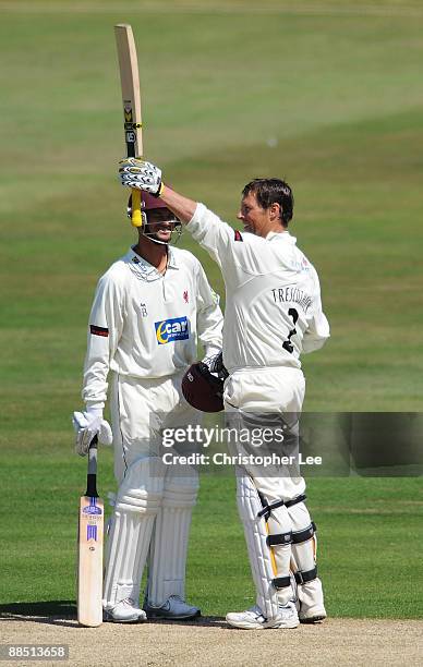 Marcus Trescothick of Somerset celebrates his century during the LV County Championship Division One match between Sussex and Somerset at the County...