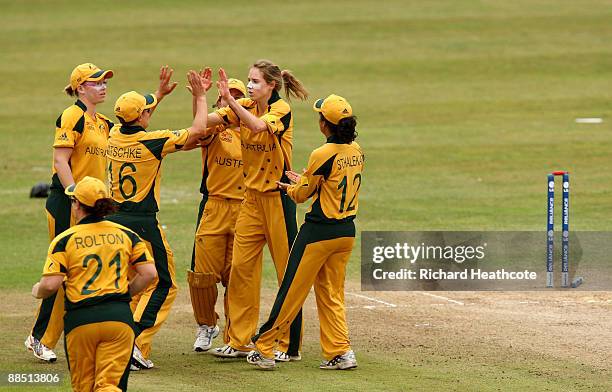 Trisha Chetty of South Africa is bowled out by Ellyse Perry of Australia during the ICC Women's Twenty20 World Cup between Australia and South Africa...