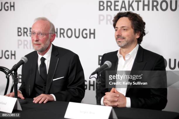 Breakthrough Prize in Life Sciences Don Cleveland and president of Alphabet Sergey Brin attend the 2018 Breakthrough Prize at NASA Ames Research...