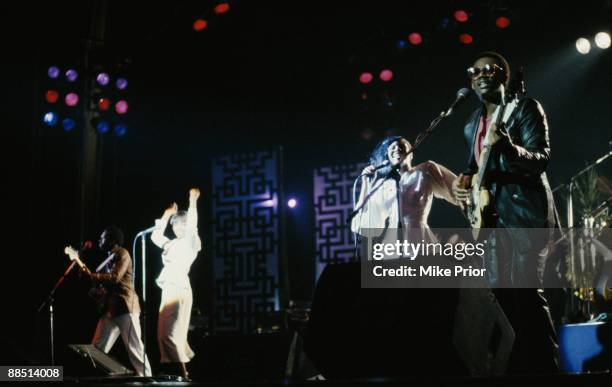 Left to right Nile Rodgers, Luci Martin, Alfa Anderson and Bernard Edwards of Chic perform on stage at the Hammersmith Odeon, London in October 1979.