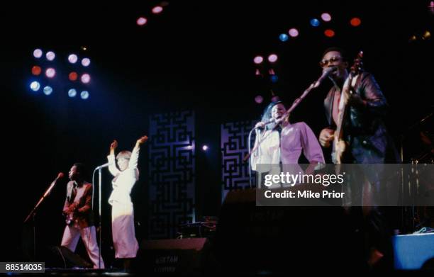 Left to right Nile Rodgers, Luci Martin, Alfa Anderson and Bernard Edwards of Chic perform on stage at the Hammersmith Odeon, London in October 1979.
