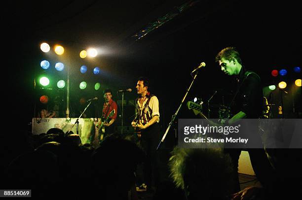Left to right Mick Jones, Joe Strummer and Paul Simonon of British band The Clash perform on stage in 1979.