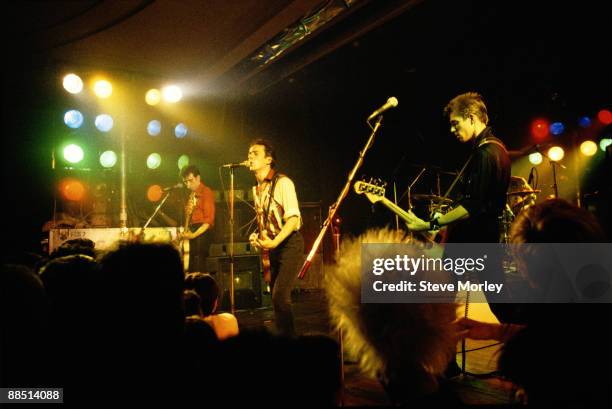 Left to right Mick Jones, Joe Strummer and Paul Simonon of British band The Clash perform on stage in 1979.