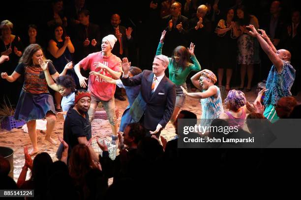 Director Michael Arden and the cast of "Once On This Island" are seen during the curtain call at the Broadway opening night at Circle in the Square...