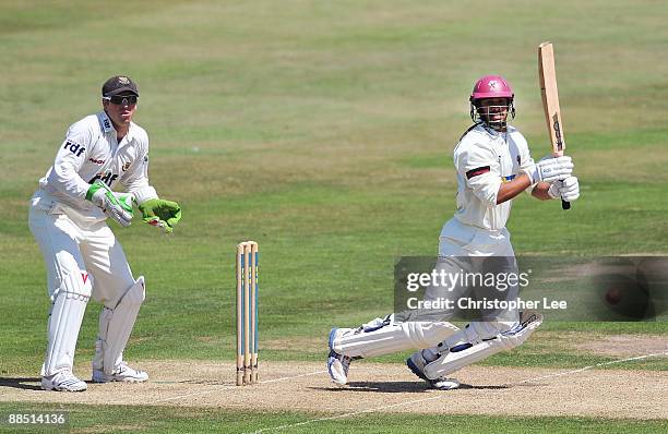 Arul Suppiah of Somerset in action during the LV County Championship Division One match between Sussex and Somerset at the County Ground on June 16,...