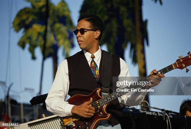 American jazz musician Stanley Clarke performs on stage at the Guitar Legends concert in Seville, Spain in October1991.