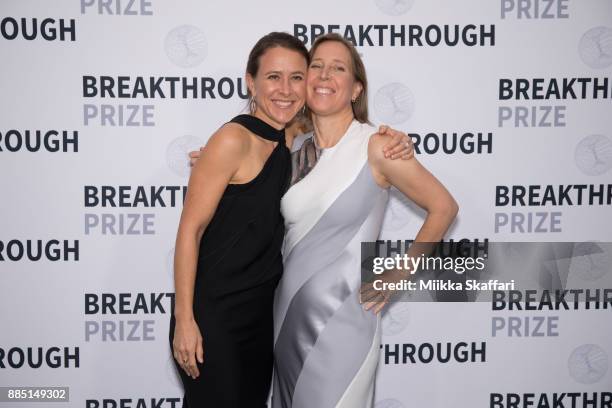 CEOs and sisters Anne Wojcicki and Susan Wojcicki arrive at the 2018 Breakthrough Prize at NASA Ames Research Center on December 3, 2017 in Mountain...