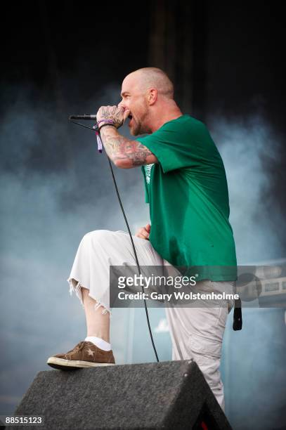 Ivan "Ghost" Moody of Five Finger Death Punch perform on stage on day 1 of Download Festival at Donington Park on June 12, 2009 in Donington, England.