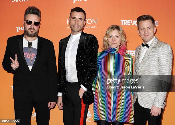 Branden Campbell, Tyler Glenn, Elaine Bradley and Chris Allen of Neon Trees attends The Trevor Project's 2017 TrevorLIVE LA at The Beverly Hilton...