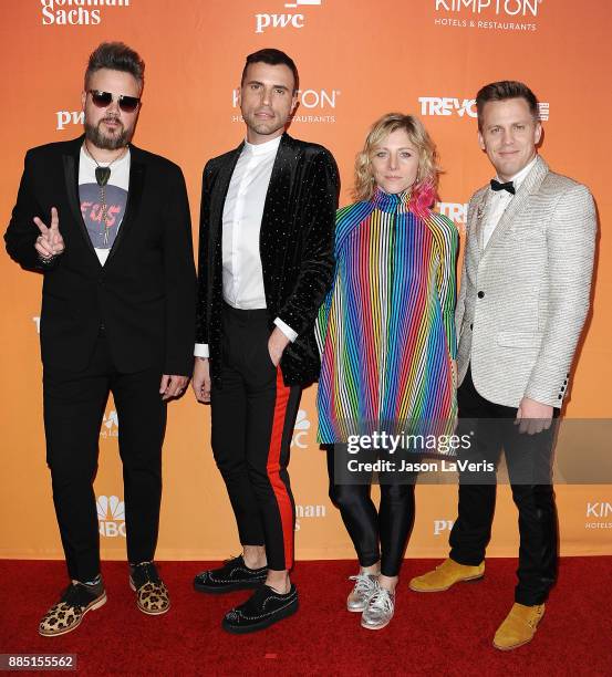 Branden Campbell, Tyler Glenn, Elaine Bradley and Chris Allen of Neon Trees attends The Trevor Project's 2017 TrevorLIVE LA at The Beverly Hilton...