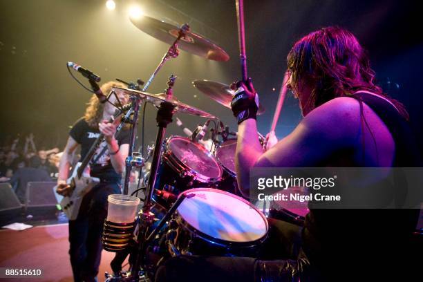 Ryan O'Keeffe, drummer of Australian rock band Airbourne performs on stage at the Astoria in London, England on November 28 2008.