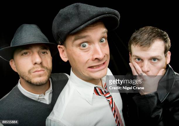 Posed group portrait of American punk band Alkaline Trio in the United Kingdom on May 14 2008.. Left to right are Dan Andriano, Matt Skiba and Derek...
