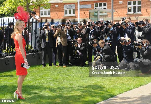 Presenter Amanda Holden poses in her hat as she arrives on the first day of Royal Ascot 2009 at Ascot Racecourse on June 16, 2009 in Ascot, England.