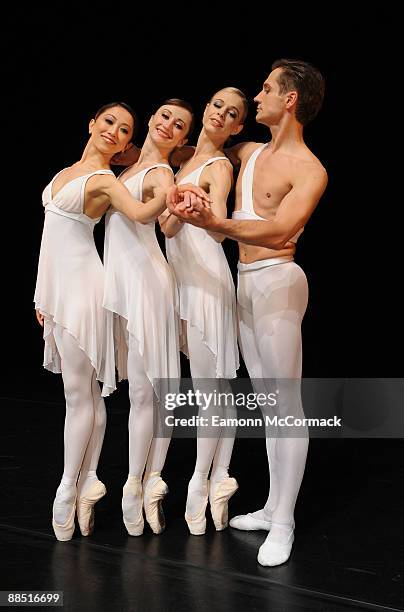 Dancers from the English National Ballet performing 'Ballets Russes' at Sadler's Wells pose in their costumes designed by Karl Lagerfeld on June 16,...