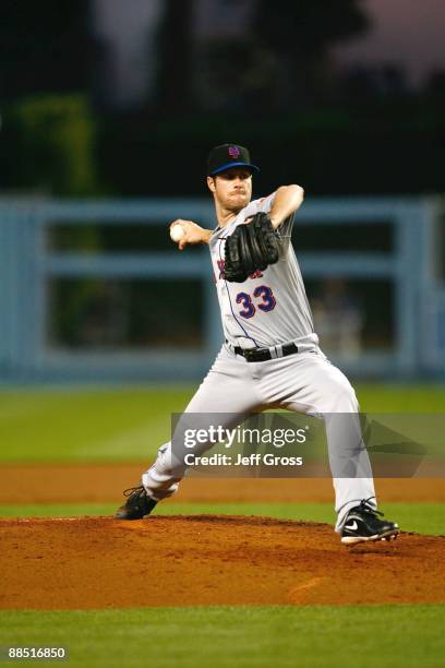 John Maine of the New York Mets throws a pitch against the Los Angeles Dodgers at Dodger Stadium on May 19, 2009 in Los Angeles, California.