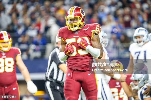 Washington Redskins linebacker Zach Brown celebrates after a sack during the game between the Dallas Cowboys and the Washington Redskins on November...