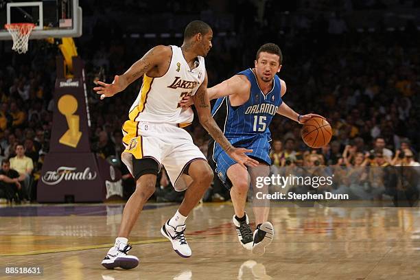 Hedo Turkoglu of the Orlando Magic drives against Trevor Ariza of the Los Angeles Lakers in Game Two of the 2009 NBA Finals at Staples Center on June...