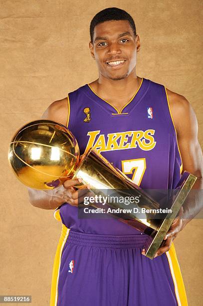 Andrew Bynum of the Los Angeles Lakers poses for a portrait after defeating the Orlando Magic in Game Five of the 2009 NBA Finals at Amway Arena on...