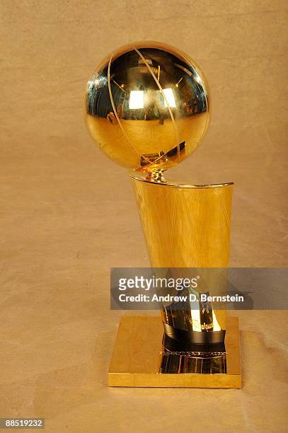 Close up portrait of the Larry O'Brien trophy following Game Five of the 2009 NBA Finals at Amway Arena on June 14, 2009 in Orlando, Florida. The Los...