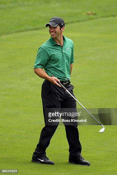 Paul Casey of England smiles during the second day of previews to the 109th U.S. Open on the Black Course at Bethpage State Park on June 16, 2009 in...