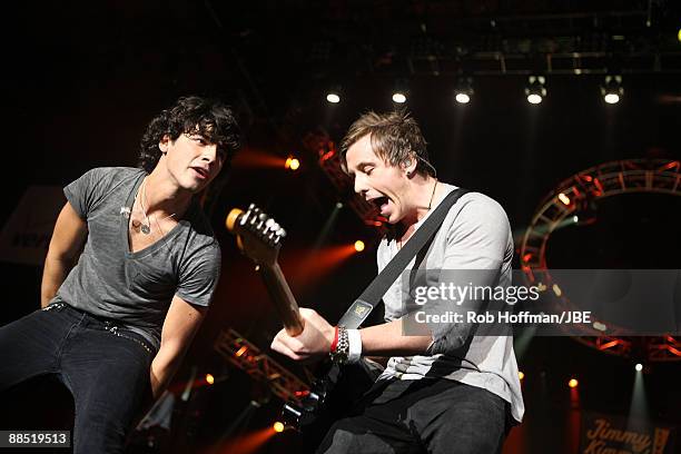 Musician Joe Jonas of Jonas Brothers performs with special guest Danny Jones of McFly at Wembley Arena on June 15, 2009 in London, England.