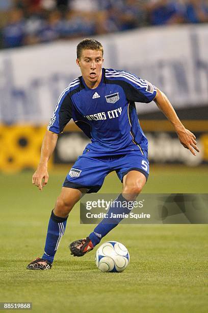 Matt Besler of the Kansas City Wizards controls the ball against the Columbus Crew at CommunityAmerica Ballpark on June 6, 2009 in Kansas City,...