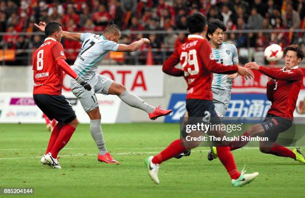 Wellington of Avispa Fukuoka shoots during the J.League J1 Promotion Play-Off Final between Nagoya Grampus and Avispa Fukuoka at Toyota Stadium on...